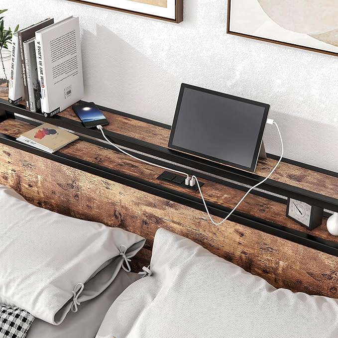 BOFENG Full Size Bed Frame with Storage Headboard,USB Charging Station,Metal Platform Double Bed Frame Full Size,Reinforced Steel Slats Support,No Box Spring Needed,Noise Free,Rustic Brown