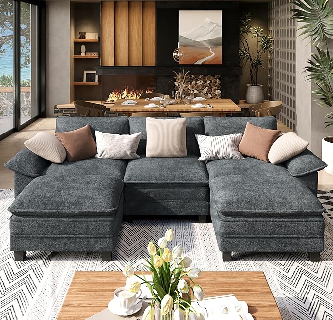 U Shaped Modular Cloud Couch, 123.6'' Oversized Chenille Sectional Sofa with Wider Armrest and Ottoman, Upholstered 5-Seat Modern Deep Seat for Bedroom Living Room, Cyan