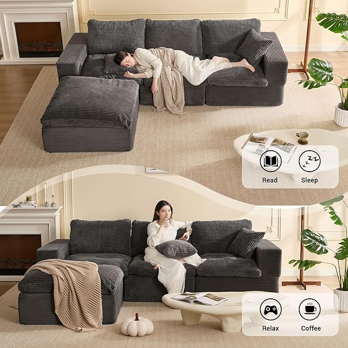 106.3” Sectional Couches for Living Room, Set of Cloud Couch, Modular Sectional Sofa, Convertible Sofas Bed, Deep Seat Sofa, L Shaped Cozy Sofa Furniture Set, Corduroy, Gray