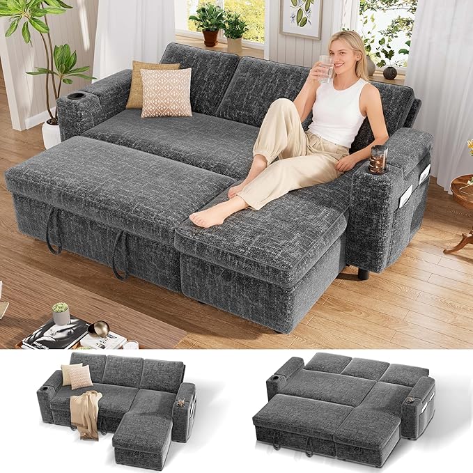 Vipbear Chenille Sleeper Sofa Bed, 82" Pull Out Couch with Reclining Backrest/Reversible Storage Chaise, 3 in 1 L-Shaped Couch with Armrest Storage | Cup Holder | Tool-Free Assembly | Grey