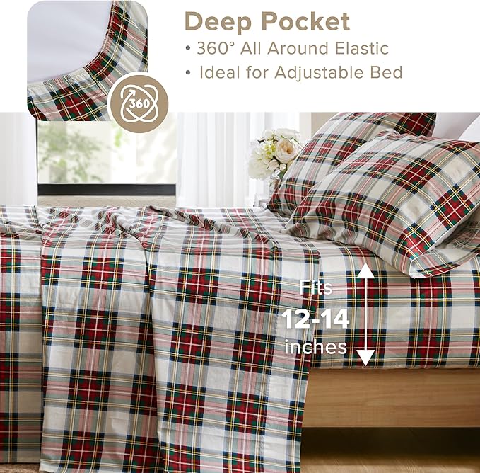Comfort Spaces 100% Cotton Sheets Twin, Breathable, Naturally Cool Cotton Sheets, Cotton Bed Sheets with 12" Elastic Pocket Fits up to 14" Mattress, All Seasons Sheet Set, Scottish Plaid Red 3 Piece