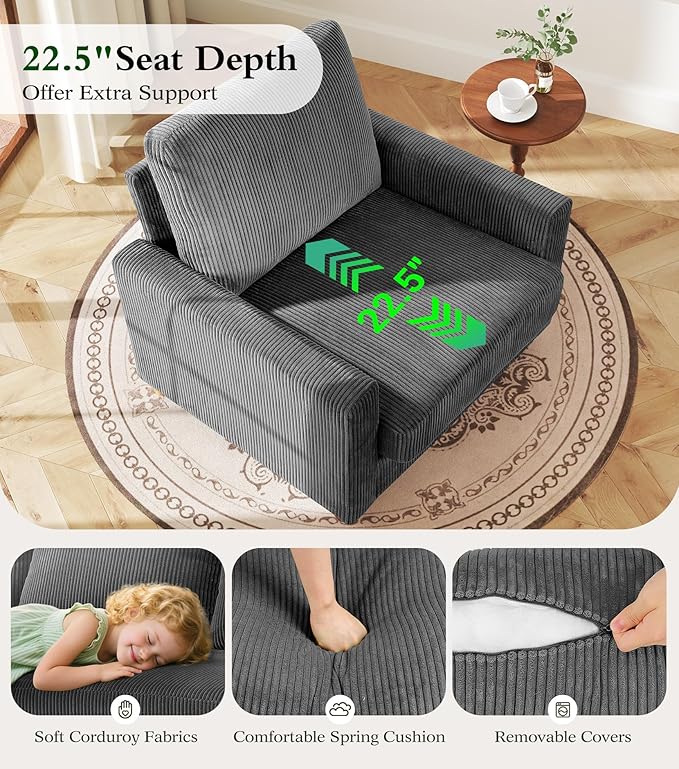 Kidirect 35.5in Oversized Accent Chair, Easy to Assemble Living Room Chairs, Corduroy Reading Chair for Bedroom, 22.5in Deeper Seats Accent Chairs for Living Room, Comfy Armchair Reading Nook, Grey
