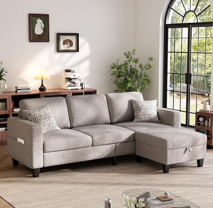 Sectional Sofa and Couches for Living Room, 78'' Brown 3 Seat L-Shaped Couch with Movable Ottoman, Comfy Linen Convertible Sectionals Sofas with Chaise for Apartment, Dorm, Small Space