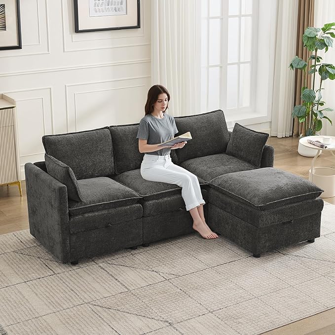 80" Cloud Modular 3 Seater Sofa with Storage Ottoman, Modern Upholstered Storage Sofa Couch Deep Seat, L Shape Sectional Sofa Chenille Comfy Couch with Armrests for Living Room, Small Space, Dark Grey | Cloud Sofa, Storage Ottoman, Storage Sofa, Deep S...