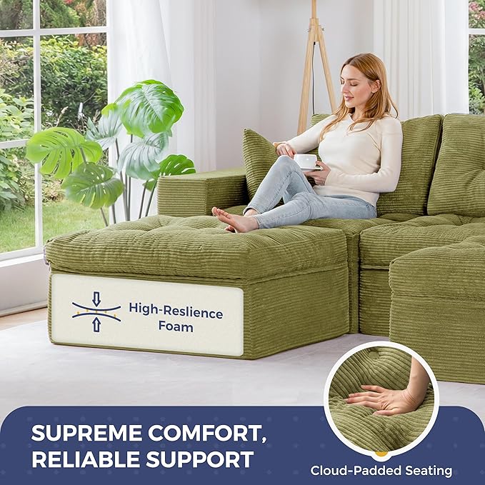 MAXYOYO 104" U Shaped Modular Sectional Sofa with 2 Ottomans, Cloud Boneless Couch with Layered Cushion, Flexible Module Combination Sofa for Living Room, No Assembly Required, Green