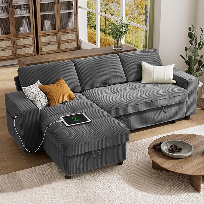 Vipbear Sectional Sleeper Couch with Pull Out Sofa Bed, L Shaped Plush Corduroy Couch with Reclining Backrest & Storage & USB Charging, Convertible Cloud Sectional Sofa Bed for Living Room, Grey | Breathable material, Tool-Free Assembly, Reclining Back...