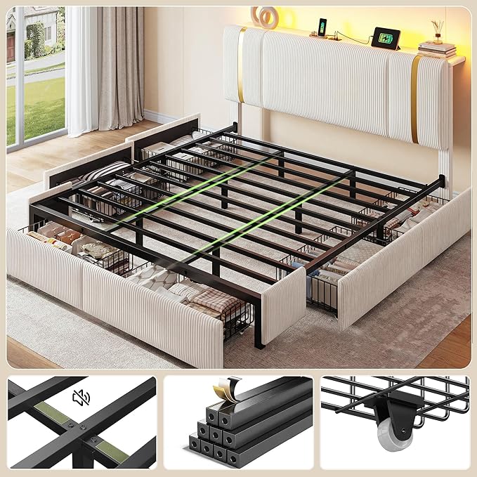 HomKdom King Size Bed Frame with 6 Storage Drawers, Soft Upholstered Bed Frame King with Adjustable Tall Corduroy Headboard, LED Light & Charging Station, 1200-LB Heavy Duty Metal Support,Modern,Beige