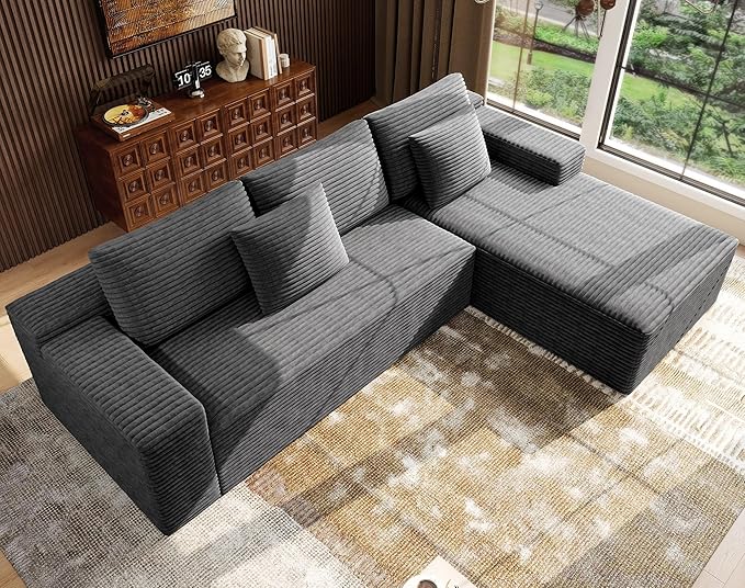 Boneless Modular Sectional Sofa, Cloud Couch with Right Facing Chaise, Oversized Deep Seat, L-Shaped, Soft Corduroy Fabric, Sectional Couch for Living Room -Grey