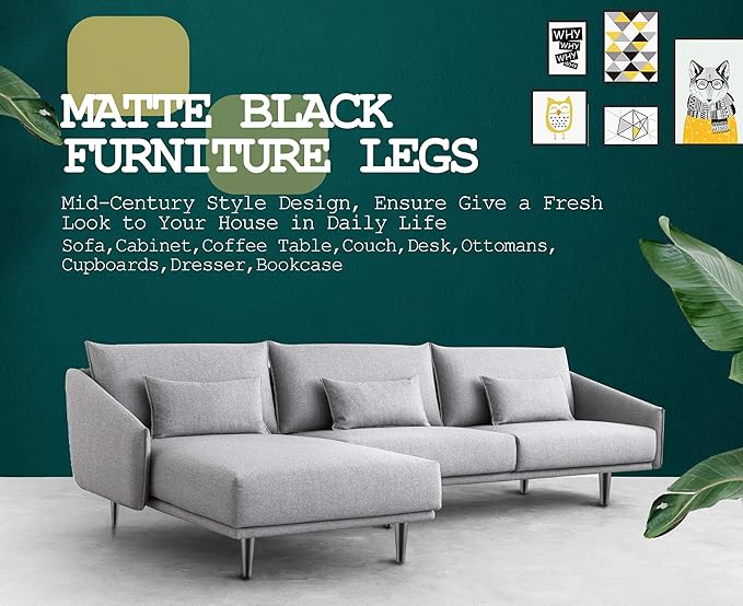 4pcs 10 Inch Furniture Legs, Straight Conical Metal Legs Matte Black Mid-Century Style Furniture Feet for Sofa Cabinet Table Chair Cupboard Couch Ottoman Home DIY Projects