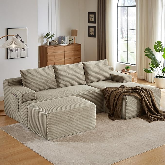 96" Sectional Couches for Living Room Cloud Couch Sofa with L-Shape Upholstered Boneless Couchs Modern Modular Sectional Couch with Chaise (Camel, 96" W+Right Facing Chaise+2Seaters+Ottoman)