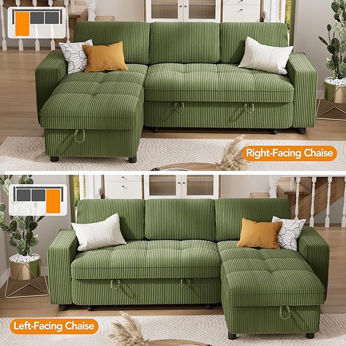 Vipbear Sectional Sleeper Couch with Pull Out Sofa Bed, L Shaped Plush Corduroy Couch with Reclining Backrest & Storage & USB Charging, Convertible Cloud Sectional Sofa Bed for Living Room, Green | Breathable material, Tool-Free Assembly, Reclining Bac...