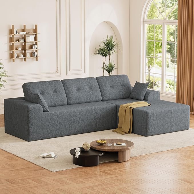 Ball & Cast 106" Cloud Sectional Couch, Compressed L-Shaped Sofa with Deep Seat Chaise, Boneless No Assembly Modular Couch, Foam & Spring Support, 2 Boxes (Right Facing, Chenille Dark Grey)