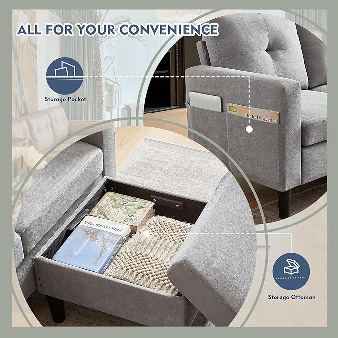 79" Convertible Sectional Sofa, Small L Shaped 3 Seat Couch with Storage Chaise and Side Pocket, Modern Linen Fabric Reversible Sofa Couches for Living Room, Apartment and Small Space