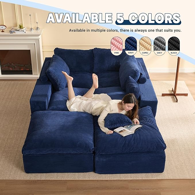 137.8” Sectional Couches for Living Room, Set of Cloud Couch, Modular Sectional Sofa, Convertible Sofas Bed, Deep Seat Sofa, U Shaped Cozy Sofa Furniture Set, Corduroy,Blue