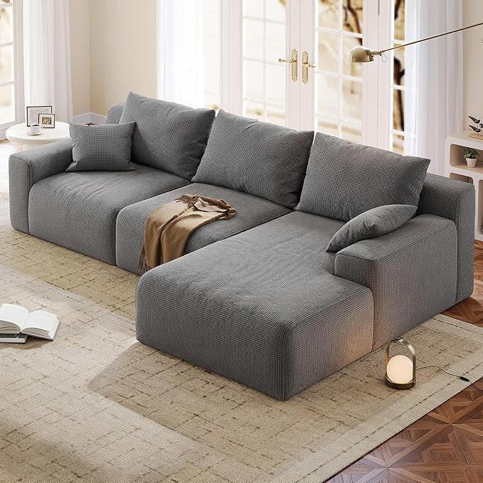 97”Modular Sectional Sofa, Cloud Sectional Couch with Deep Seat, Modern Modular L-Shape Sofa Couch, Upholstered Boneless Couches for Living Room Bedroom (Grey Check, Right Facing Chaise)