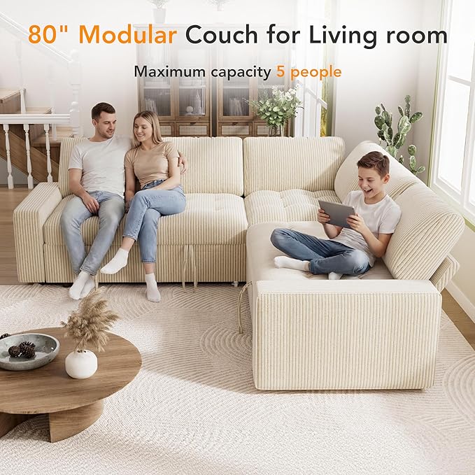 Vipbear Pull Out Sofa Bed Sectional Sleeper Sofa with Reclining Backrest & Storage, Plush Pullout Modular Sectional Couches with USB Charging, L Shaped Convertible Couch Bed for Apartment, Beige | Breathable material, Tool-Free Assembly