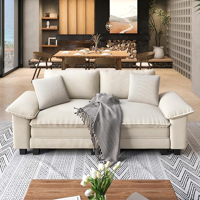 Modular Loveseat Cloud Sofa, 87.5'' Oversized Chenille Sectional Couch with Wider Armrest and Pillow, 2 Seat Upholstered Modern Love Seat for Living Room Bedroom, Beige
