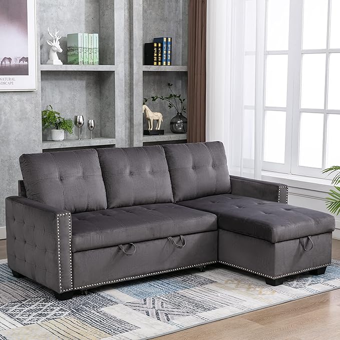 HABITRIO Sectional Sofa with Pull-Out Sleeper Bed, 76.8" Velvet Upholstered 2-Seat Solid Wood Frame Couch & Reversible Storage Chaise Lounge, Modern L-Shaped Corner Sofa for Living Room, Office