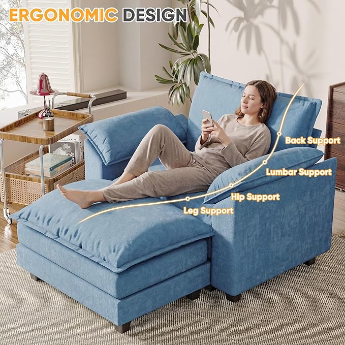 Single Chaise Lounge with 30'' Deep Seat & Movable Ottoman, Reading Chair with Wide Armrest, Chenille Cloud Couch Double Layer Cushion for Living Room, Office, Bedroom (Dark Blue, Single Sofa Chair)