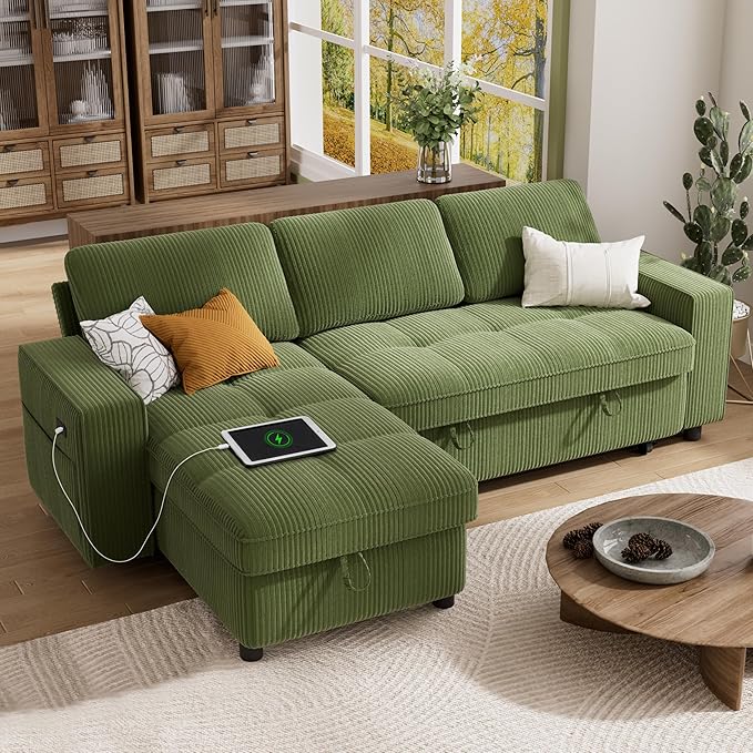 Vipbear Sectional Sleeper Couch with Pull Out Sofa Bed, L Shaped Plush Corduroy Couch with Reclining Backrest & Storage & USB Charging, Convertible Cloud Sectional Sofa Bed for Living Room, Green | Breathable material, Tool-Free Assembly, Reclining Bac...