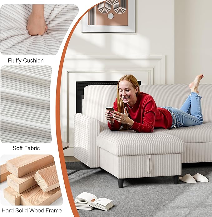Vongrasig Pull Out Couch with Storage, 77" Sectional Sleeper Sofa, 2 in 1 L-Shaped Sofa Bed with Storage Chaise Corduroy Fabric for Living Room, Apartment, Small Space, White