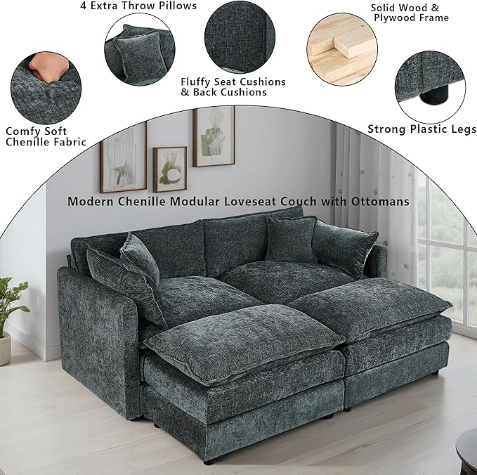 Setawix Deep Loveseat Couch with Ottomans,Large 2 Seater Lounger Cloud Couches for Living Room,77.16" Chenille Cloud Sofas with Deep Seat,Modular Sectional Sleeper Sofa for Bedroom(Grey, 2+2)