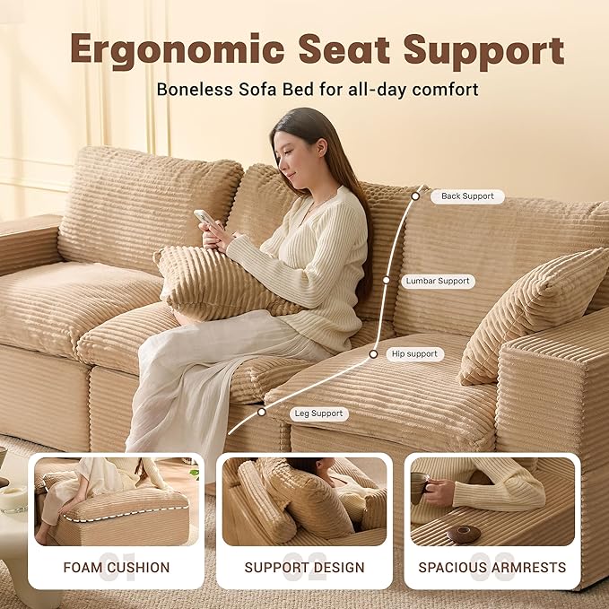 106.3” Sectional Couches for Living Room, Set of Cloud Couch, Modular Sectional Sofa, Convertible Sofas Bed, Deep Seat Sofa, Corduroy,Camel