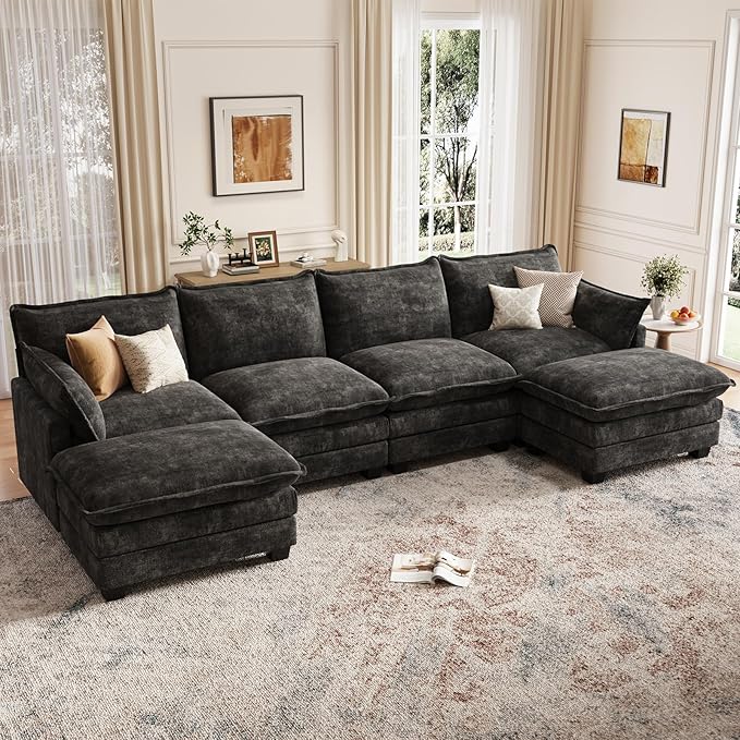 Modular Sectional U Shaped Sofa Couches for Living Room, Cloud Couch with Movable Ottoman, Comfy Chenille Sofa with Pillow for Bedroom and Apartment,Black