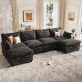 Modular Sectional U Shaped Sofa Couches for Living Room, Cloud Couch with Movable Ottoman, Comfy Chenille Sofa with Pillow for Bedroom and Apartment,Black
