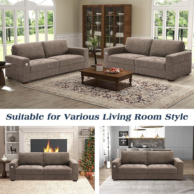 WorthFurni Sofas for Living Room, Chenille Loveseat Couch Set, Small Sofa, 3 Seater Sofa, USB Charging, Removable Sofa Cover,Solid Wood Frame, Easy to Install(89inch,Brown)