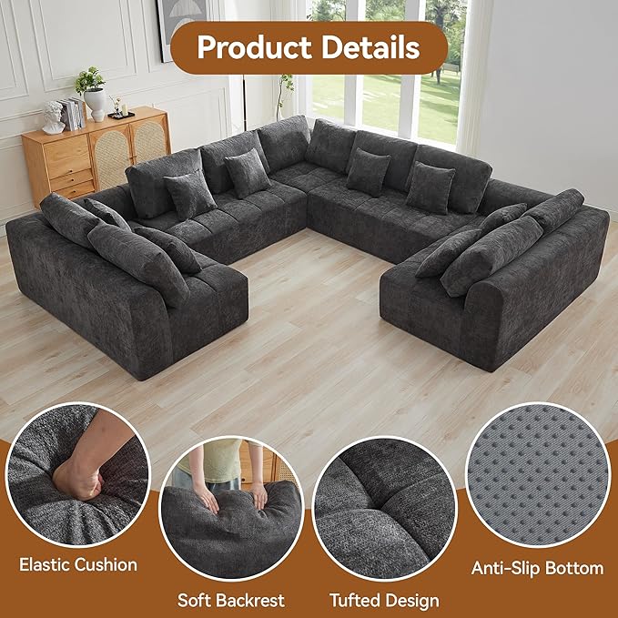140'' Boneless Modular Couches for Living Room, Compressed Cloud Sectional Modern Sofa, U Shaped 9 Seater Upholstered Memory Foam Oversized Sofa, No Assembly, Chenille Grey