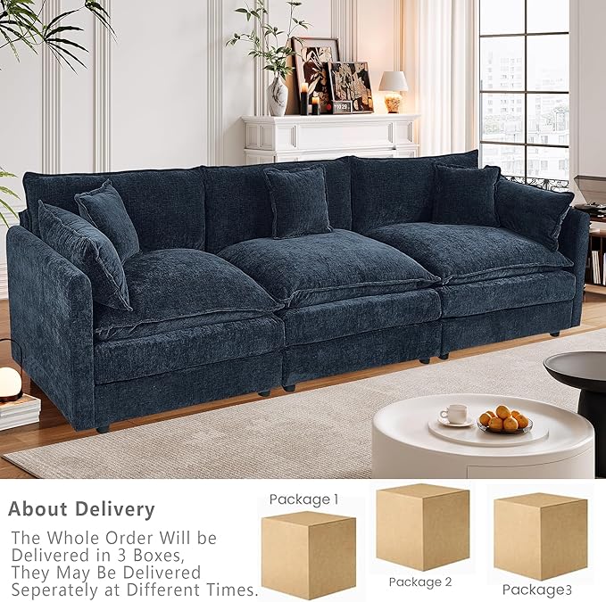 Setawix Chenille Cloud Couches for Living Room,3 Seater Cloud Sofa Couch with Deep Seat,112.2" Roomy Cloud Sofas,Modular Sectional 3 Seat Sofa with Pillows for Bedroom (Blue, 3 Seater)