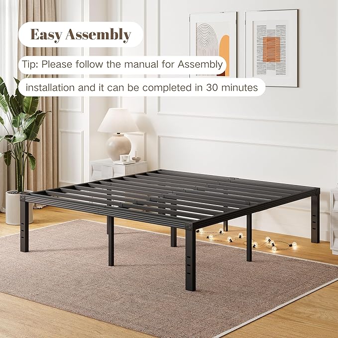 ZIYOO King Size Bed Frame, 16 Inches Platform Bed Frame, 3500lbs Heavy Duty Steel Slat, Non-Slip Design, No Box Spring Needed, Easy Assembly, Quiet Noise Free, Under Bed Storage Space, Black