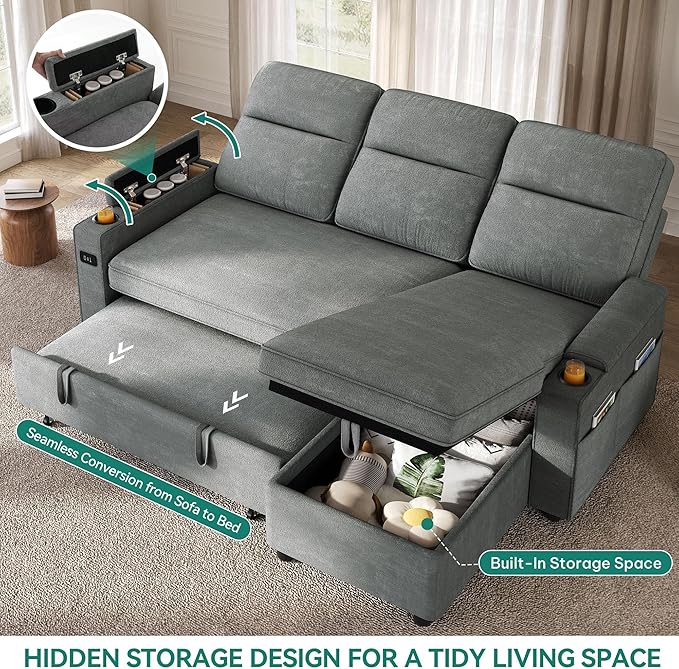 YITAHOME Convertible Sleeper Sofa with Adjustable Backrest & Pull Out Bed, L-Shaped Sectional Sofa Bed with Armrest & USB Port, Upholstered Sectional Couch for Living Room, No-Tool Assembly, Grey