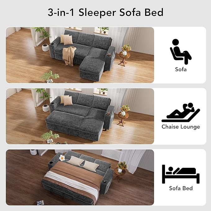 Vipbear Chenille Sleeper Sofa Bed, 82" Pull Out Couch with Reclining Backrest/Reversible Storage Chaise, 3 in 1 L-Shaped Couch with Armrest Storage | Cup Holder | Tool-Free Assembly | Grey