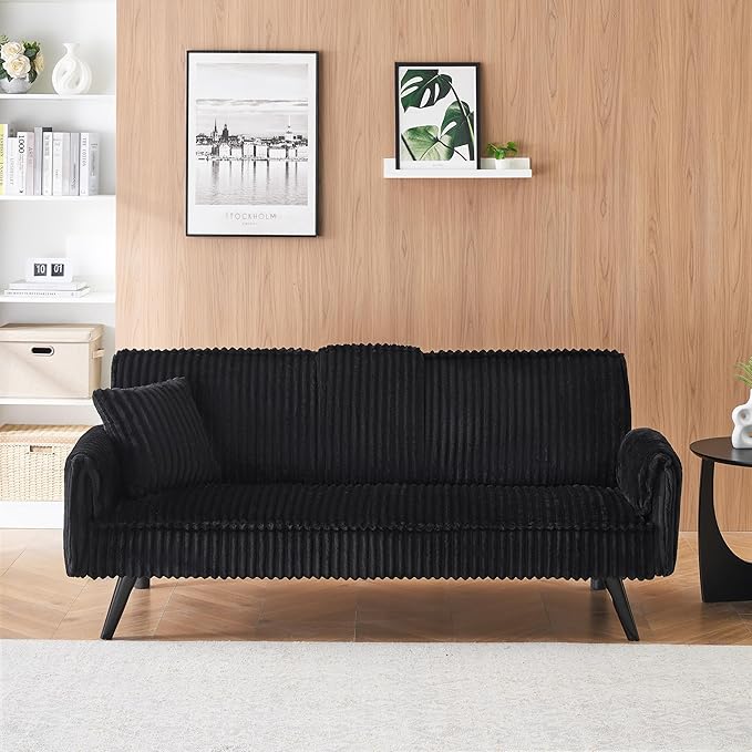 72" Convertible Sofa Bed with Foldable Cup Holder,Straight-line Corduroy Sofa,Suitable for Living Room,Bedroom,Black