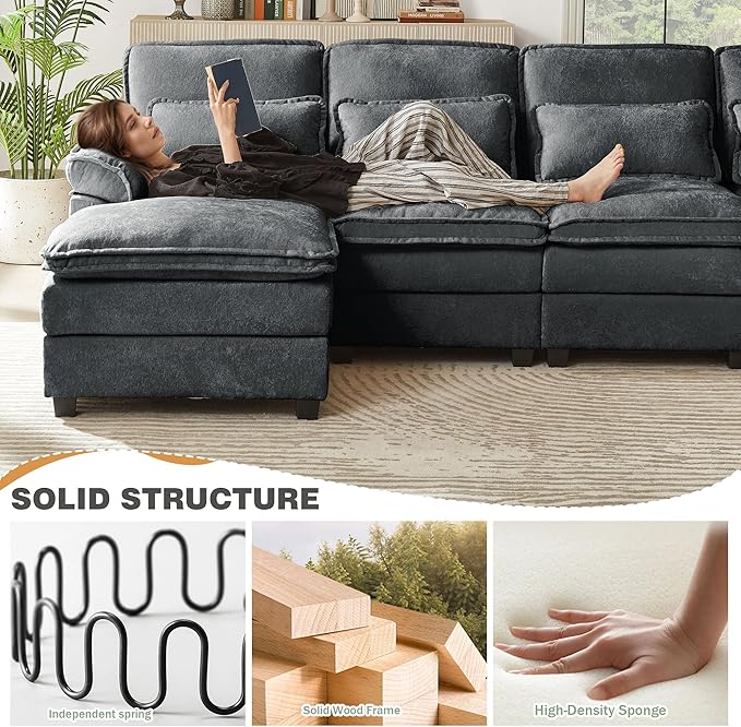 112" Modular Sectional Sofa, U Shaped Comfy Cloud Couch with Double Chaise and Padded Armrests, Modern Deep Seat Sectional Couches for Living Room, Apartment, Office, Dark Grey