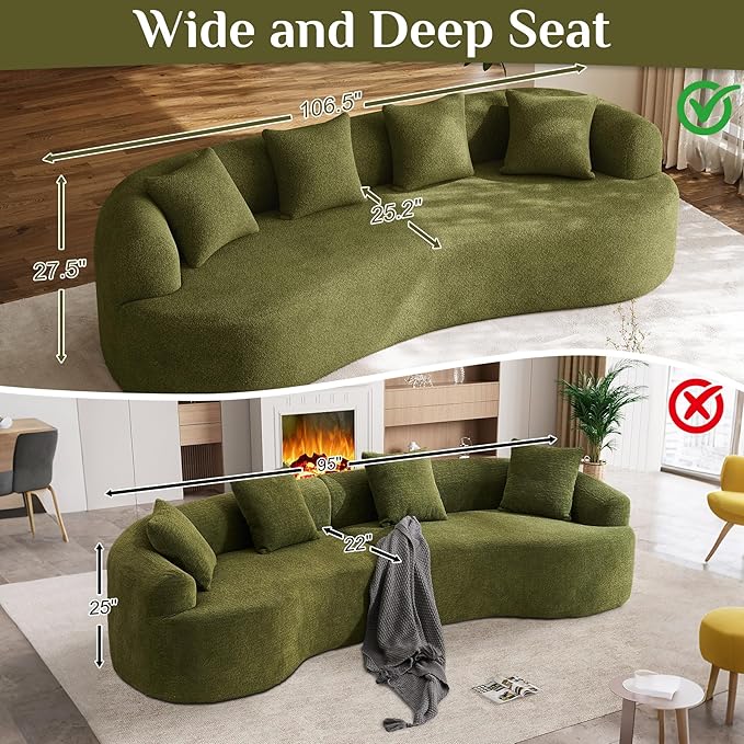 107" Curved Sofa for Living Room, Modern Chenille Cloud Couch Sofa, Luxury Plush Extra Deep 4-Seater Oversized Boucle Couch for Small Spaces, Apartment‌, No Assembly Required, Green