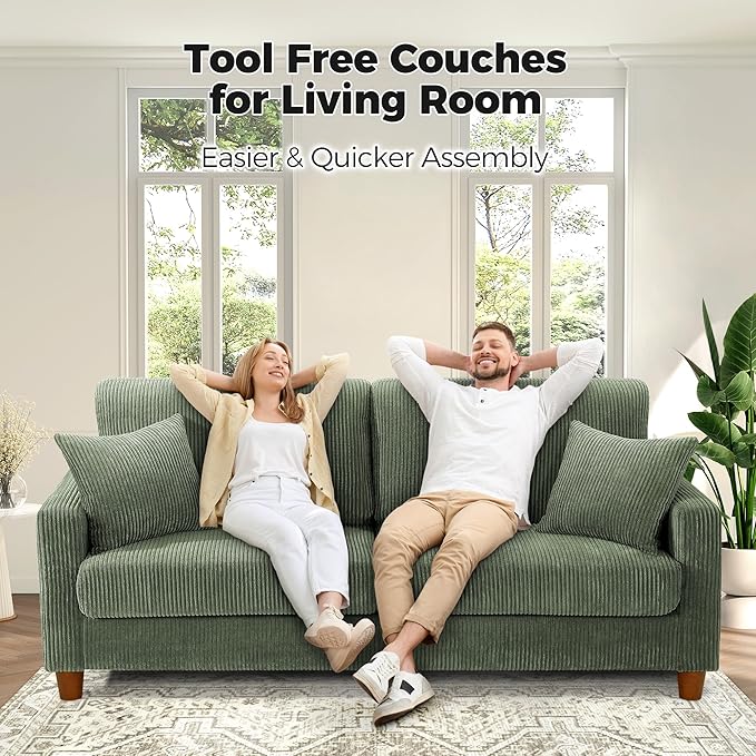Kidirect 70in U Shaped Couch, Modular Sofa No Tool Assembly, Comfy Sectional Couches for Living Room 21in Deeper Seats, Corduroy Sofas for Living Room with 2 Pillows, Loveseat Sofa Set, Green Couch | Comfy Corduroy, Oversized 70in Couch, 700LB Tough, T...