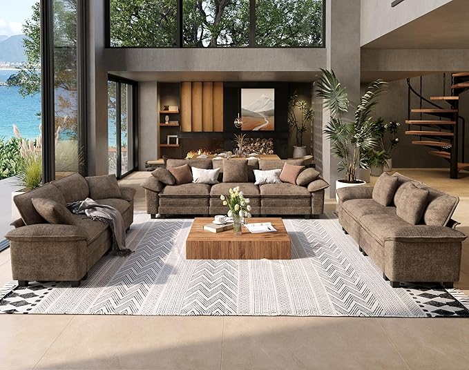 3 Piece Living Room Sofa Furniture Set, Chenille Modular 2 Loveseat and 3-Seat Couch with Pillow, 7-Seat Oversized Modern Sectional Cloud Deep Seat for Apartment, Taupe