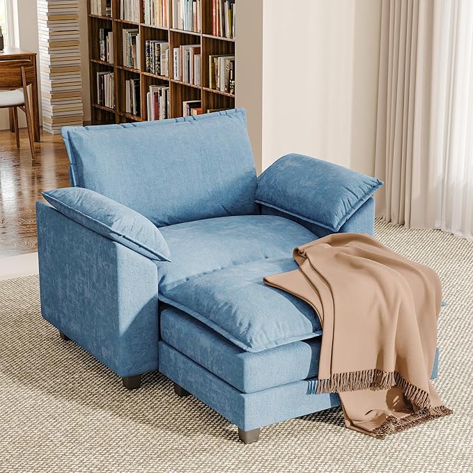 Single Chaise Lounge with 30'' Deep Seat & Movable Ottoman, Reading Chair with Wide Armrest, Chenille Cloud Couch Double Layer Cushion for Living Room, Office, Bedroom (Dark Blue, Single Sofa Chair)