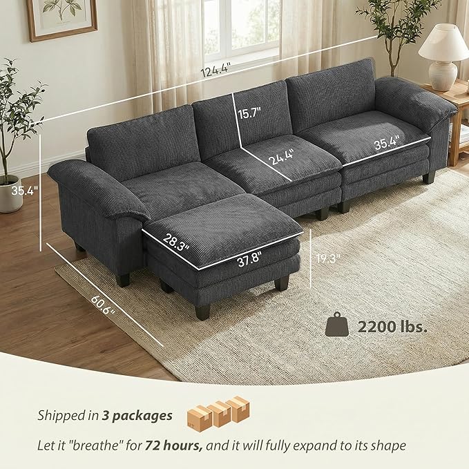HOMCOM Modular Sectional Sofa Couch 124" Oversized L Shape Sectional Cloud Couch with Deep Seat, Movable Ottoman and Pillow-top Armrests for Living Room, Bedroom and Apartment, Dark Gray | Deep seat
