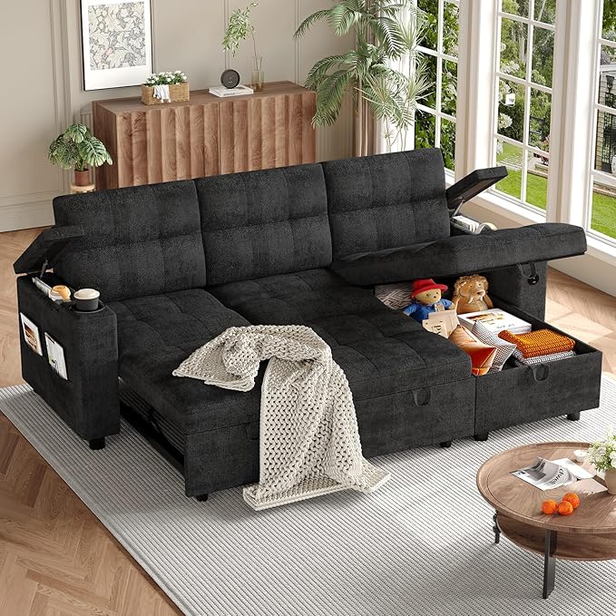 Garvee Couches for Living Room, 84'' Sofa Bed，l-Shaped Sectional Sleeper Sofa with Pull Out Bed，Reversible Storage Chaises， Hidden Storage Armrests，Cup Holders & USB Charging Ports