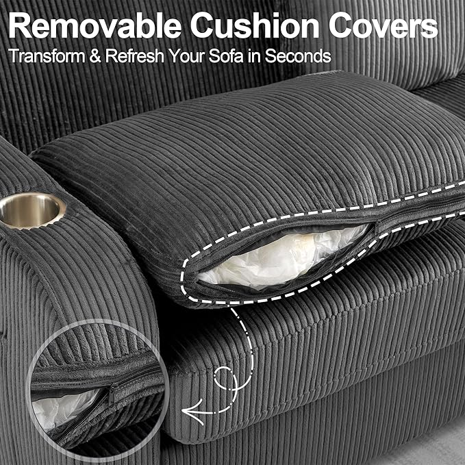 87.4" Oversized 3 Seater Couch,Upholstered Sofa for Living Room,Modern Deep Seat Comfy Love Seat Couch with Cup Holders,Corduroy Loveseat Sofa (Grey)