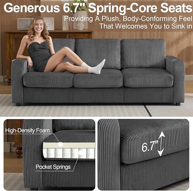 87.4" Oversized 3 Seater Couch,Upholstered Sofa for Living Room,Modern Deep Seat Comfy Love Seat Couch with Cup Holders,Corduroy Loveseat Sofa (Grey)
