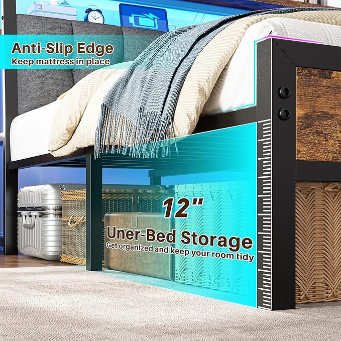 Homkdom Full Size Bed Frame with Charging Station and LED Lights, Grey Upholstered Headboard with 2-Tier Storage Shelves,12" Under-Bed Storage, No Sliding,Noise-Free,Easy Assembly,Vintage Brown