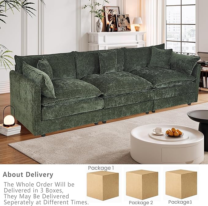 Setawix Chenille Cloud Couches for Living Room,3 Seater Cloud Sofa Couch with Deep Seat,112.2" Roomy Cloud Sofas,Modular Sectional 3 Seat Sofa with Pillows for Bedroom (Green, 3 Seater)
