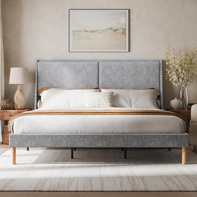 Cozy Castle King Size Upholstered Platform Bed Frame with 51.2" Tall Wingback Headboard, Double Backrest Metal Bed Frame, No Box Spring Needed, Easy Assembly, Bedroom Furniture, Grey