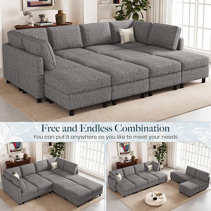 Belffin 110.2" 12 Seats Modular Sectional Sofa Sleeper Sofa Big Washable Sectional Couches for Living Room Comfy Couches with Storage Seat Couch Sofas with Chaise,Grey