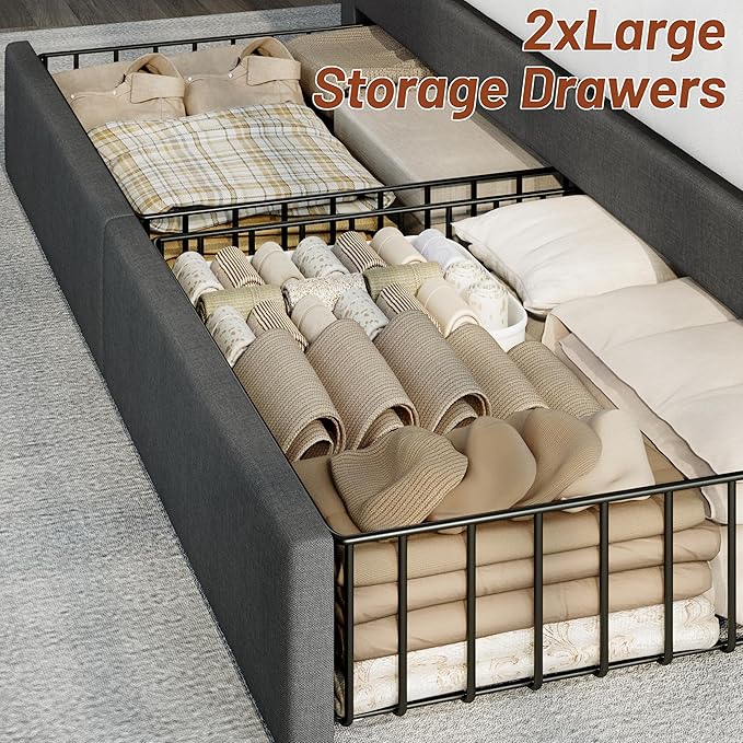 CypBed Queen Bed Frame with Headboard, Upholstered Platform Bed Frame Queen Size with 4 Storage Drawers, 3 USB & Type-C Charging Ports, Solid Wood Slats, No Box Spring Needed, No-Noise, Dark Grey,Gift